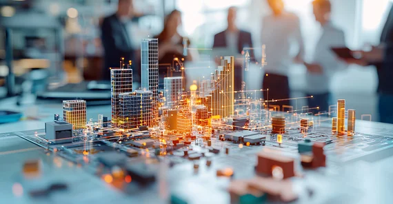 Model of a city on a table with illuminated networks on it