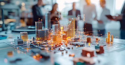 Modell einer Stadt auf einem Tisch mit erleuchteten Netzwerken darauf