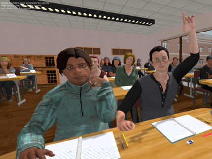 Ein Screenshot aus der VR-Umgebung: Zwei Schüler sitzen an der Schulbank. Der rechte Schüler hebt seinen Arm.