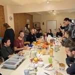 Communal breakfast in the cosy house.