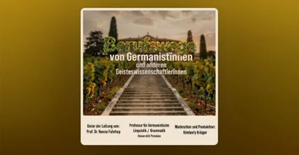 Text: Berufswege von Germanist:innen und anderen Geisteswissenschaftler:innen; Bild: Stimmungsvolle Szenerie bei Sonnenauf oder-untergang. Blick von unten eine bergaufführende Treppe hinauf. Am Ende der Treppe steht ein breites imposantes historisches Gebäude.