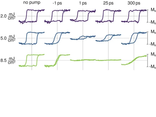 Magnetic hysteresis loops of a FePt thin film at various pump-probe delays for several excitation fluences