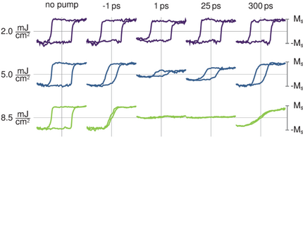 Magnetic hysteresis loops of a FePt thin film at various pump-probe delays for several excitation fluences