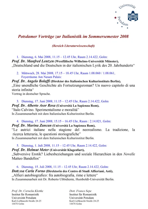 Potsdamer Vorträge zur Italianistik im Sommersemester 2008