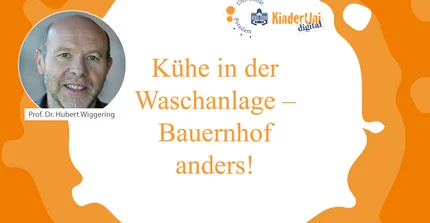 Portrait von Hubert Wiggering, daneben Text:: „Kühe in der Waschanlage – Bauernhof anders!“