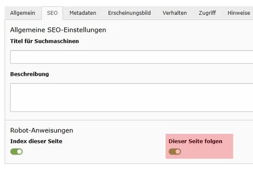 Screenshot der Option „Dieser Seite folgen“ im SEO-Tab der TYPO3-Seiteneigenschaften, um Suchmaschinen anzugeben, ob Links auf dieser Seite verfolgt werden (nofollow)