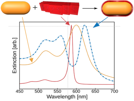 Diagram comparing the extinction spectra of a Gold nanorod coated with TDBS and the spectra of the bare components