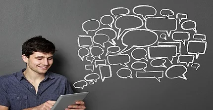 man with a tablet and speech bubbles