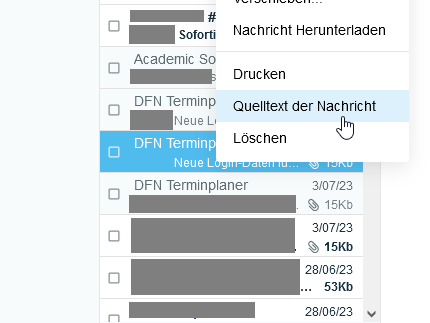 Screenshot Mail.UP Kontextmenü E-Mail Quelltext anzeigen