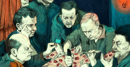 Karikatur von div. Regierungschefs, die sich Pizza teilen