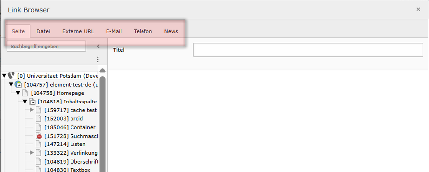 Nutzen Sie den Linkbrowser, um auch Dateien, E-Mail-Adressen, Telefonnummern oder News-Artikel zu verlinken.