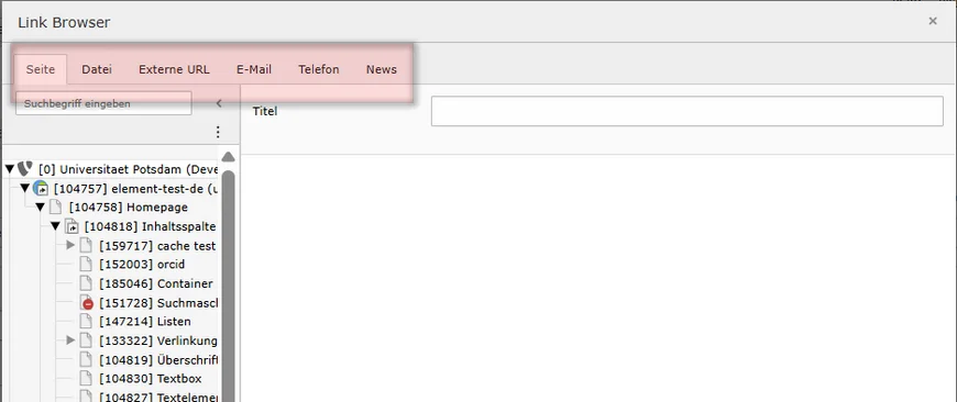 Nutzen Sie den Linkbrowser, um auch Dateien, E-Mail-Adressen, Telefonnummern oder News-Artikel zu verlinken.