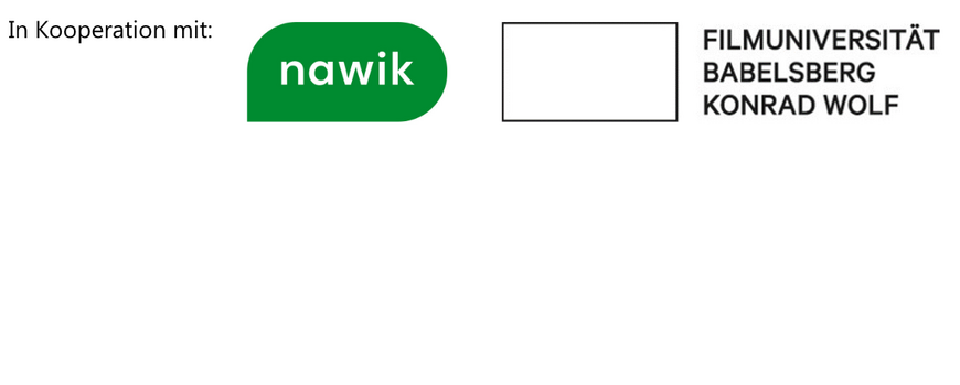 Logoleiste mit dem Logo von Nawik - grüne Sprechblase und in weiß das Wort "nawik" sowie das Logo der Filmuniversität Babelsberg Konrad Wolf als Schriftzug.