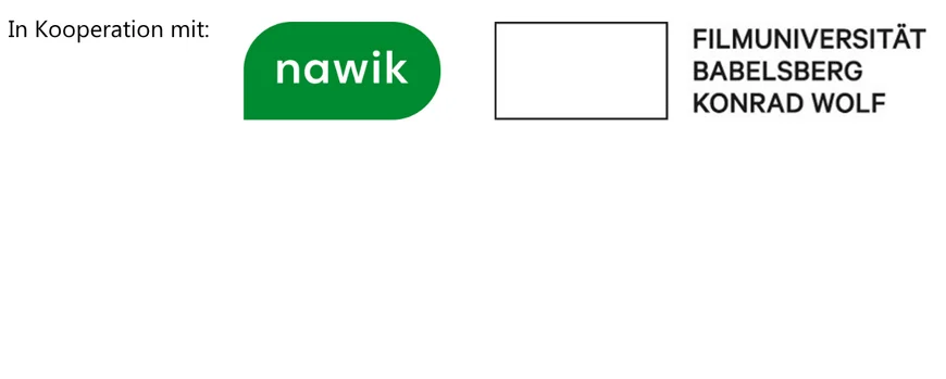 Logoleiste mit dem Logo von Nawik - grüne Sprechblase und in weiß das Wort "nawik" sowie das Logo der Filmuniversität Babelsberg Konrad Wolf als Schriftzug.