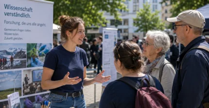 Eine Wissenschaftlerin spricht auf einem öffentlichen Platz mit Bürger:innen über ihre Forschung.