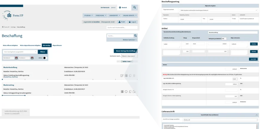 Antragsübersicht und Formularübersicht in Form.UP