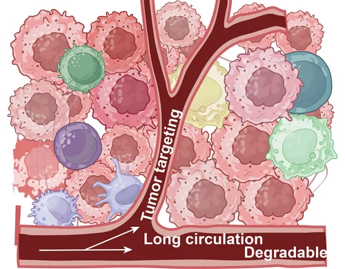 Schematische Darstellung der gezielten Wirkstoffabgabe an Tumorzellen: Ein Blutgefäß führt Therapeutika mit Eigenschaften wie langer Zirkulation und Abbaubarkeit, die gezielt in den Tumor geleitet werden, um Krebszellen zu erreichen.