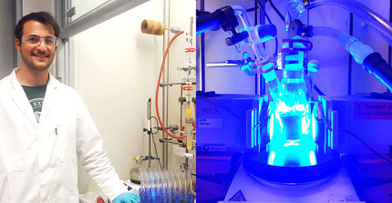 Left: Dr. Stefano Mazzanti in the lab / Right: photocatalytic reactor