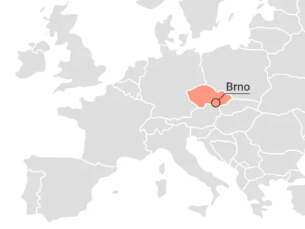 Part of a map of Europe with the mark where exactly the city of Brno is located.