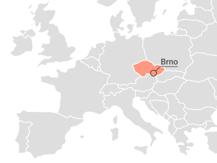 Part of a map of Europe with the mark where exactly the city of Brno is located.