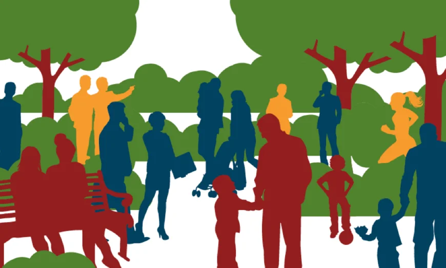Menschen unterhalten sich im Park oder tätigen andere Aktivitäten.