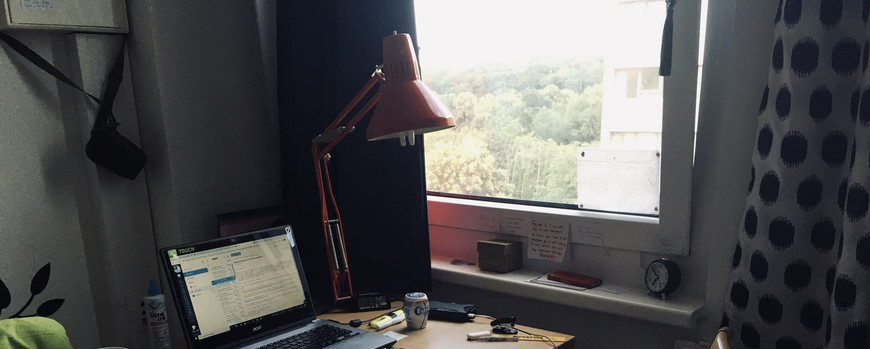 Schreibtisch mit Laptop und viel Papier. Seitlich Fenster mit Blick auf Wald