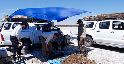 Taking samples in the Kalahary desert (Foto: S. Genderjahn, GFZ).