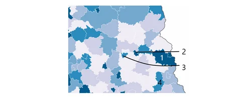 Karte von Brandenburg, in der die Landkreise mit den meisten ukrainischen Bewohnenden von 1 bis 4 nummeriert sind.
