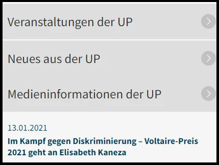 Das Bild zeigt Boxen mit Veranstaltungen, Nachrichten und Presse-Mitteilungen.
