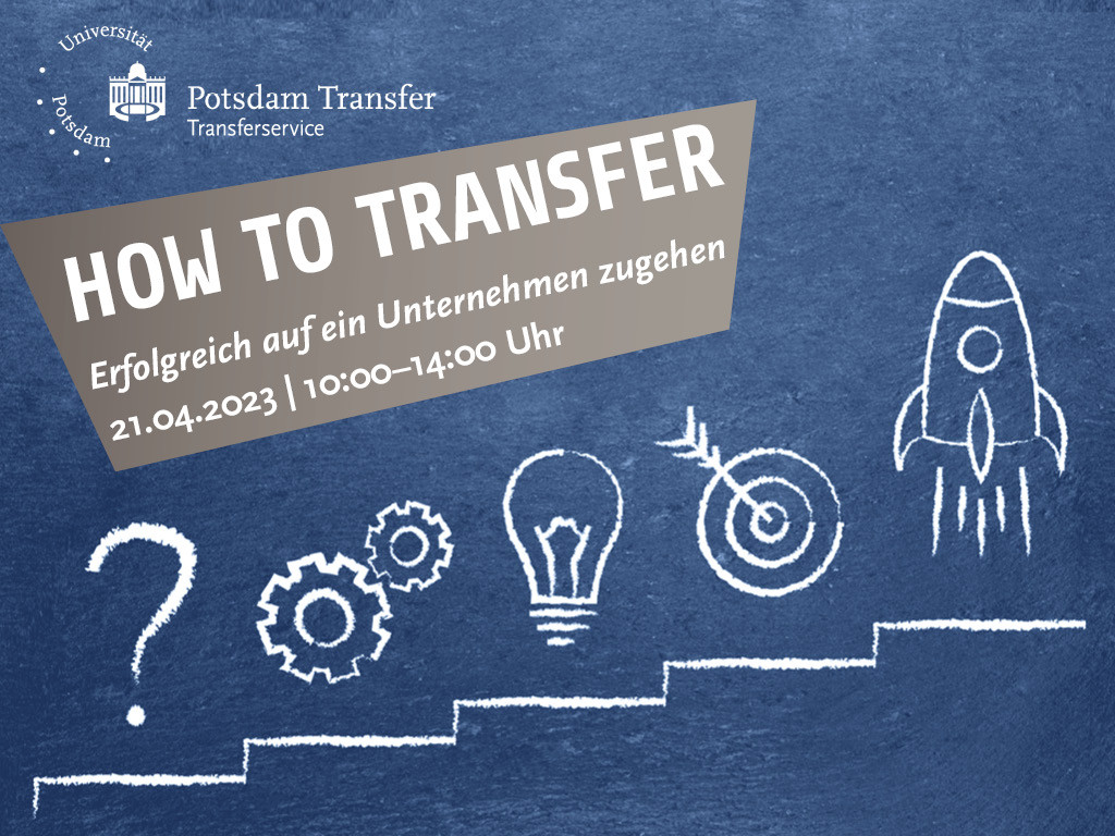 Das Bild zeigt ein Fragezeichen, Zahnräder, eine Glühbirne, eine Zielscheibe und eine Rakete auf Treppenstufen. Die Aufschrift lautet: How To Transfer, Erfolgreich auf ein Unternehmen zugehen, 21.04.2023, 10:00-14:00 Uhr.