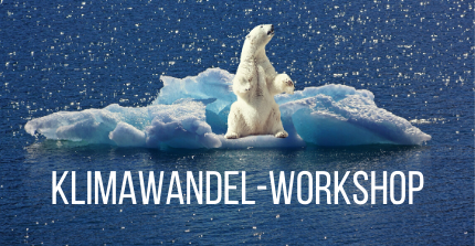 Eisbär auf Eisscholle. Darunter: Klimawandel-Workshop