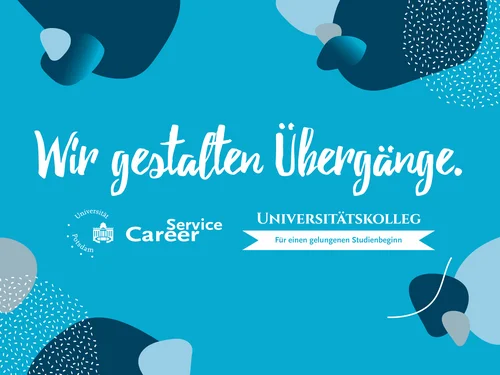Weiße Schrift auf blauem Hintergrund mit grafischen Details