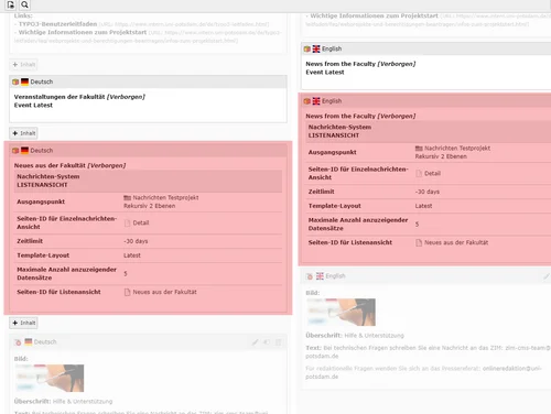 Ansicht der Nachrichtenboxen auf der Startseite