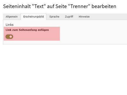 Trenner mit Link um Seitenanfang innerhalb des Tabs "Erscheinungsbild"