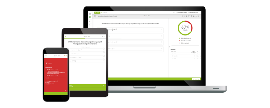 Bild eines Smartphones, eines Tablets und eines Laptops, auf denen Fragen der Quiz Academy App laufen.