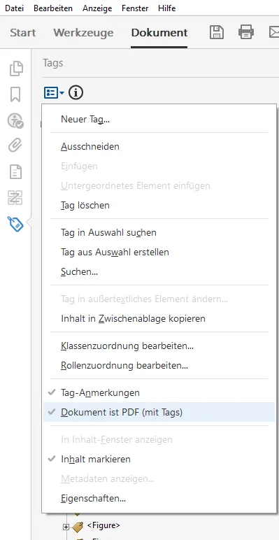 Screenshot Adobe Pro "Dokument ist PDF (mit Tags)"