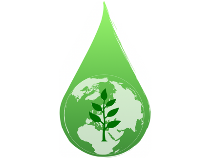 Grüner Wassertropfen mit Weltkugel und Pflanzenpiktogramm