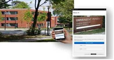 Ein Bild mit dem Instituti für Informatik und einer Hand, die ein Smartphone hält. Auf dem Smartpone ist eine auf den Ort bezogene Beispielaufgabe zu sehen.