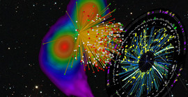 Künstlerische Darstellung einer numerisch-relativistischen Simulation der Verschmelzung zweier Neutronensterne mit einem Bild der bei einer Goldionen-Kollision entstandenen Teilchen.