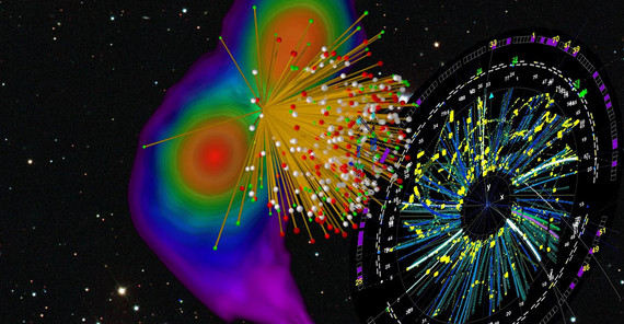 Künstlerische Darstellung einer numerisch-relativistischen Simulation der Verschmelzung zweier Neutronensterne mit einem Bild der bei einer Goldionen-Kollision entstandenen Teilchen.