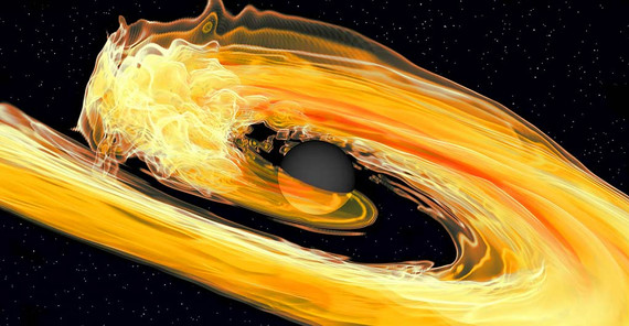 Simulation der Vereinigung eines Neutronensterns mit einem Schwarzen Loch, wobei der Neutronenstern während des Vorgangs durch Gezeitenkräfte zerrissen wird