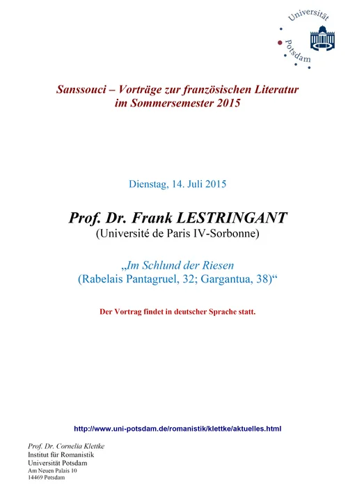 Sanssouci – Vorträge zur französischen Literatur im Sommersemester 2015