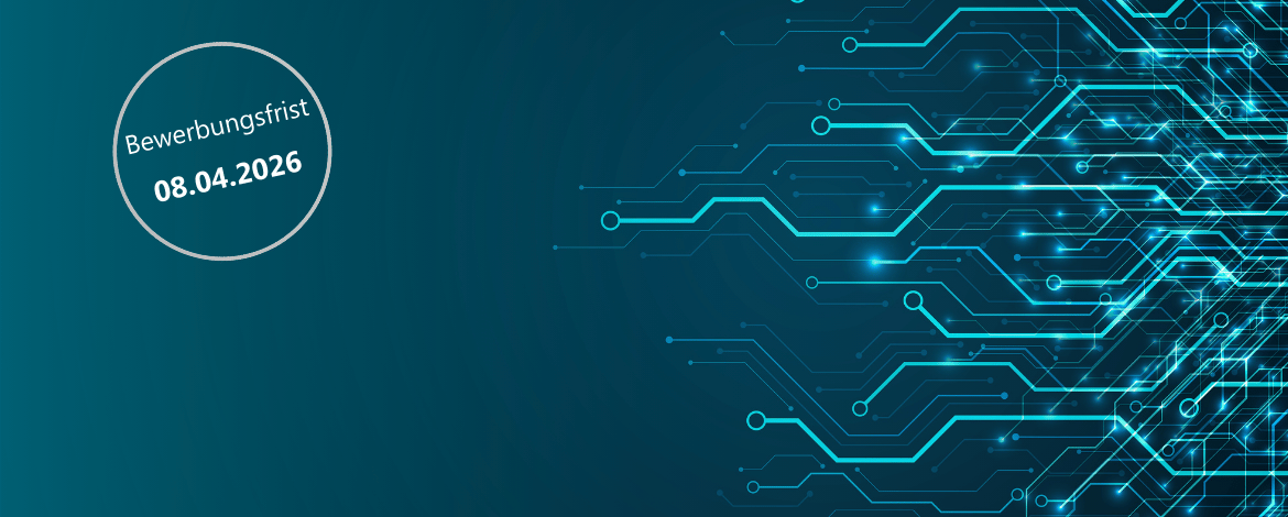 Teaserbild für das Programm KI für die Wissenschaft. Das Bild ist petrolfarbend und auf der rechten Seite finden sich angedeutete Platinen-Netzwerkstrukturen. Links ist eine Bubble mit dem Datum der Bewerbungsfrist am 08.04.2026. - KI für die Wissenschaft