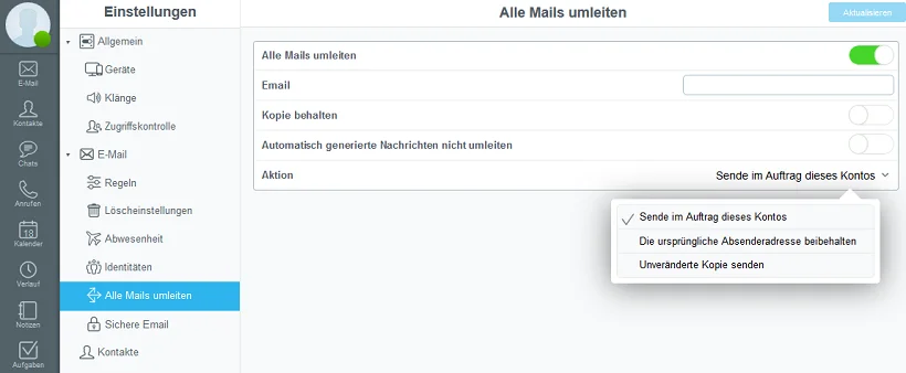 Einstellungen für „Alle Nachrichten umleiten"