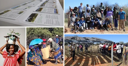 Collage of pictures representing key outputs of the NamTip project: the printed factsheets, a group picture with Namibian students during the Winter School, a PhD graduate wearing the graduation hat, a NamTip researcher showing local grasses to stakeholders during a workshop, and a visit with stakeholders to the TipEx experimental platform