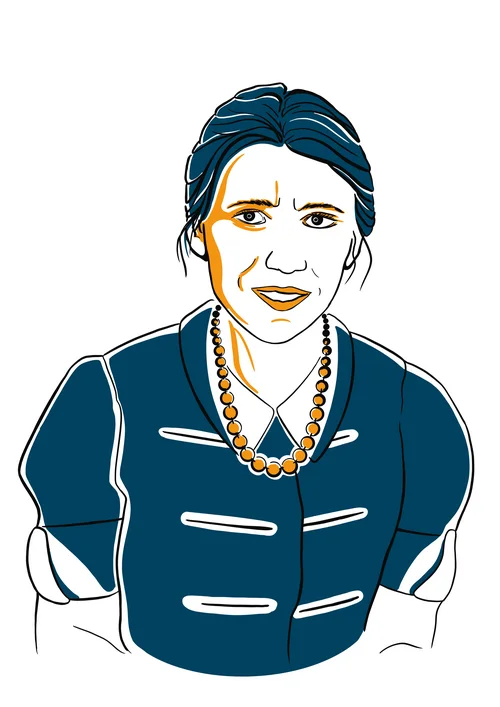 Bunte Grafik: Digital Art Portrait von Gertrud Feiertag in den Farben Orange und Dunkelblau