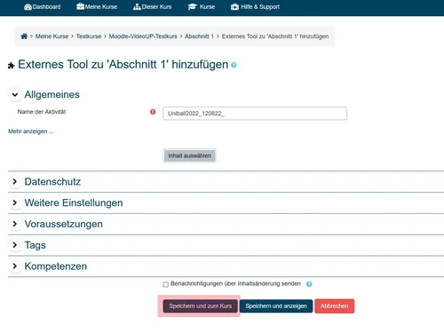 Schaltfläche "Speichern und zum Kurs"