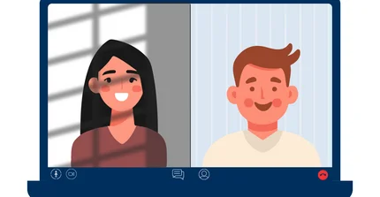 Zwei Personen auf dem Laptop Bildschirm in einer Zoom Baratung.