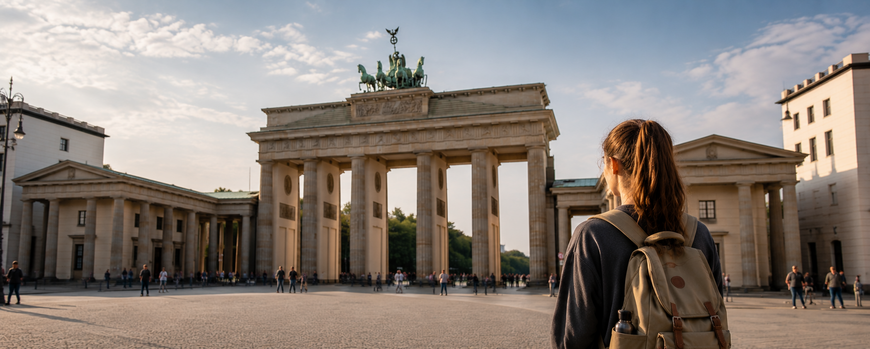 Studentin schaut auf das Brandenburger Tor