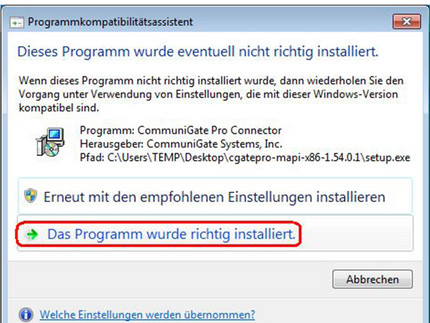 Das Programm wurde richtig installiert